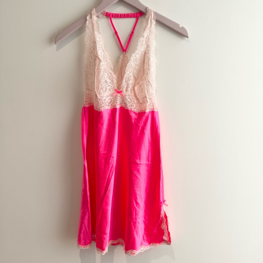 VICTORIA’S SECRET | NWT Satin Slip Dress with Lace Chemise - Hot Pink S
